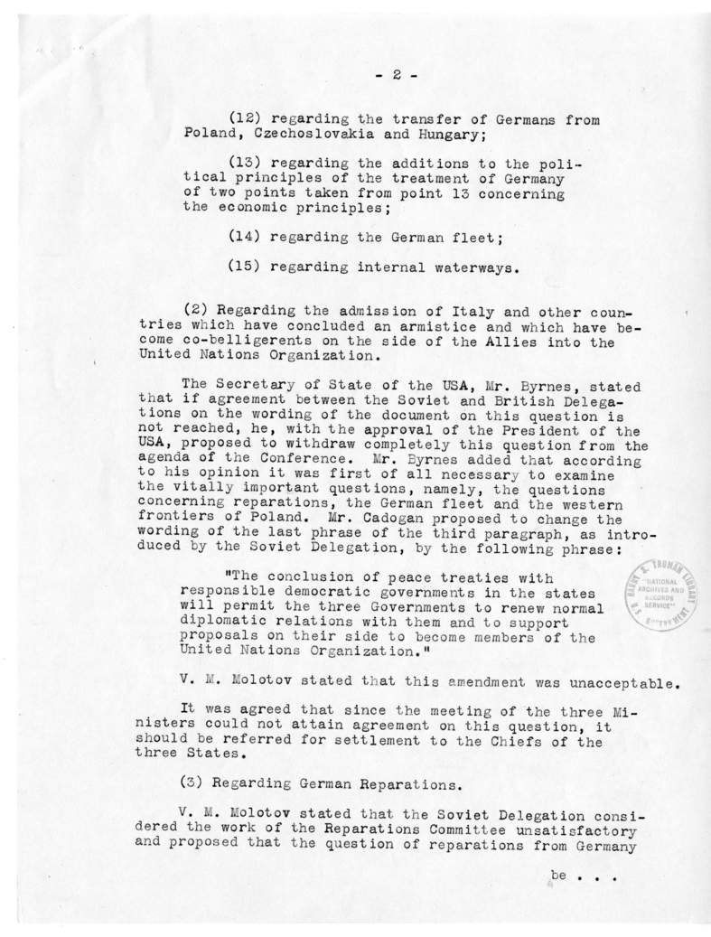 Statement of V. M. Molotov to the Heads of the Three Governments Concerning the Meeting of the Ministers of Foreign Affairs, July 27, 1945