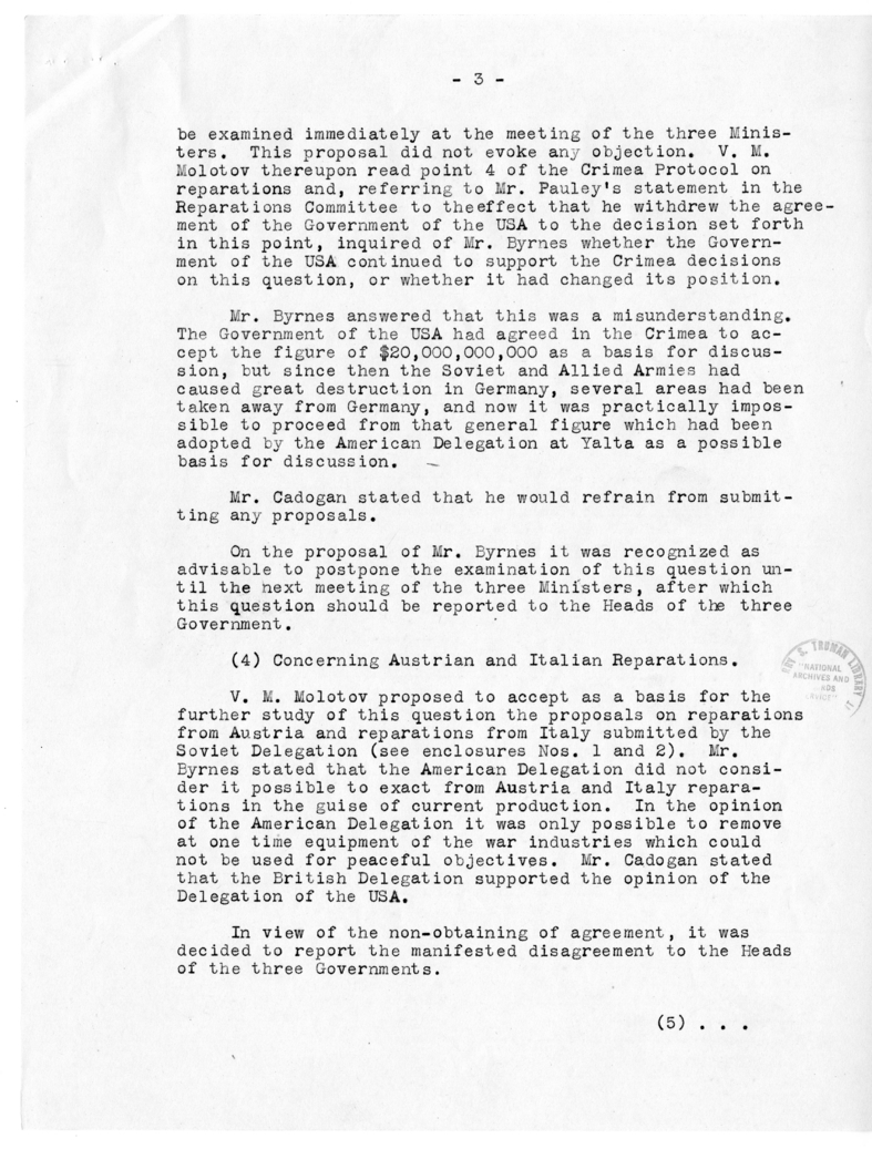 Statement of V. M. Molotov to the Heads of the Three Governments Concerning the Meeting of the Ministers of Foreign Affairs, July 27, 1945