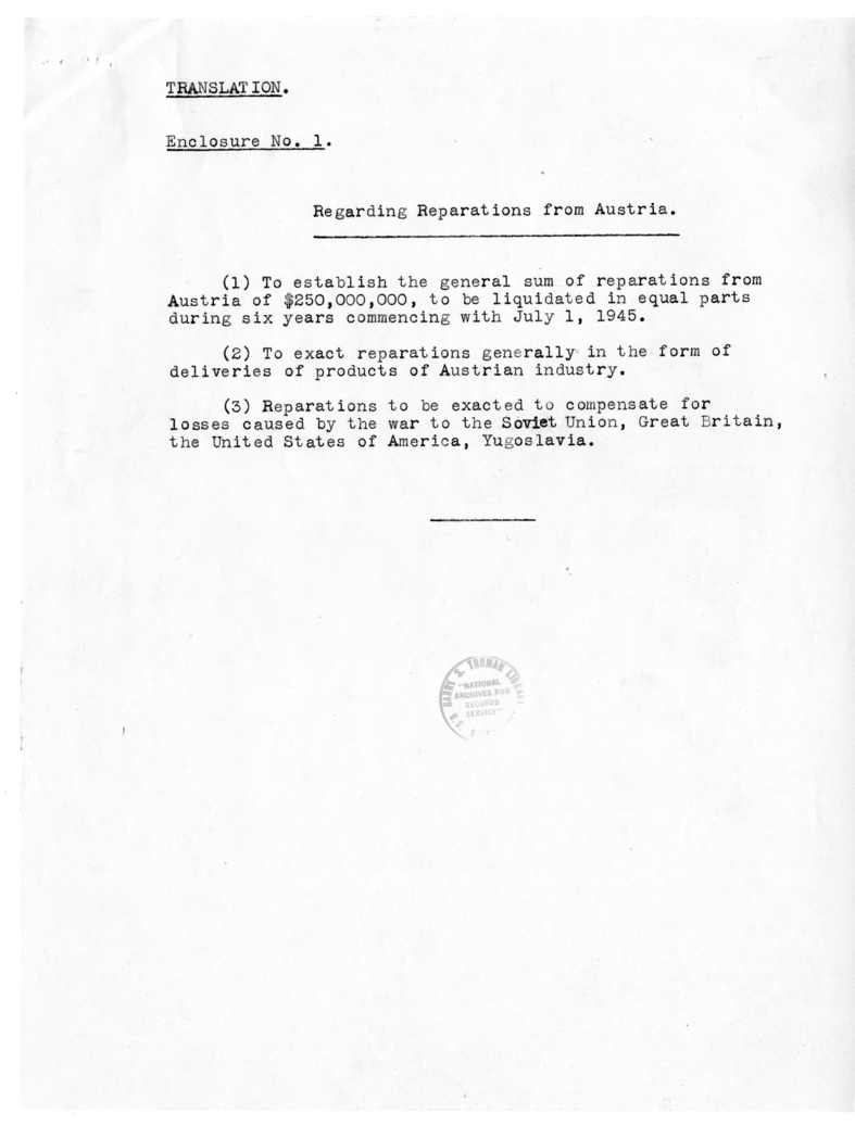 Statement of V. M. Molotov to the Heads of the Three Governments Concerning the Meeting of the Ministers of Foreign Affairs, July 27, 1945