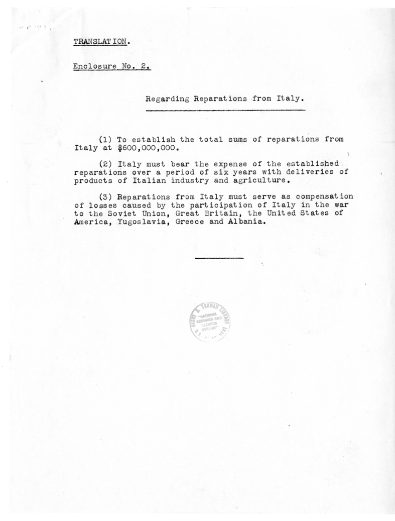 Statement of V. M. Molotov to the Heads of the Three Governments Concerning the Meeting of the Ministers of Foreign Affairs, July 27, 1945