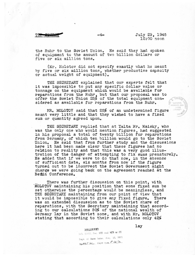 Minutes of Conversation Between President Harry S. Truman, Vyacheslav Molotov, Secretary of State James Byrnes, and Others