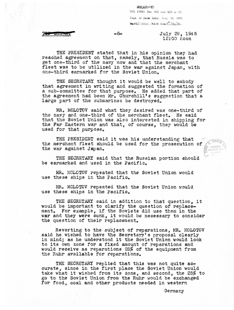 Minutes of Conversation Between President Harry S. Truman, Vyacheslav Molotov, Secretary of State James Byrnes, and Others