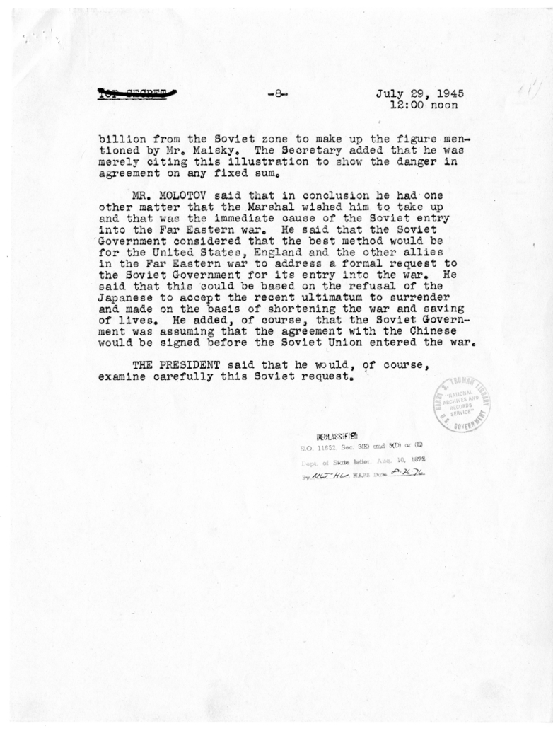 Minutes of Conversation Between President Harry S. Truman, Vyacheslav Molotov, Secretary of State James Byrnes, and Others