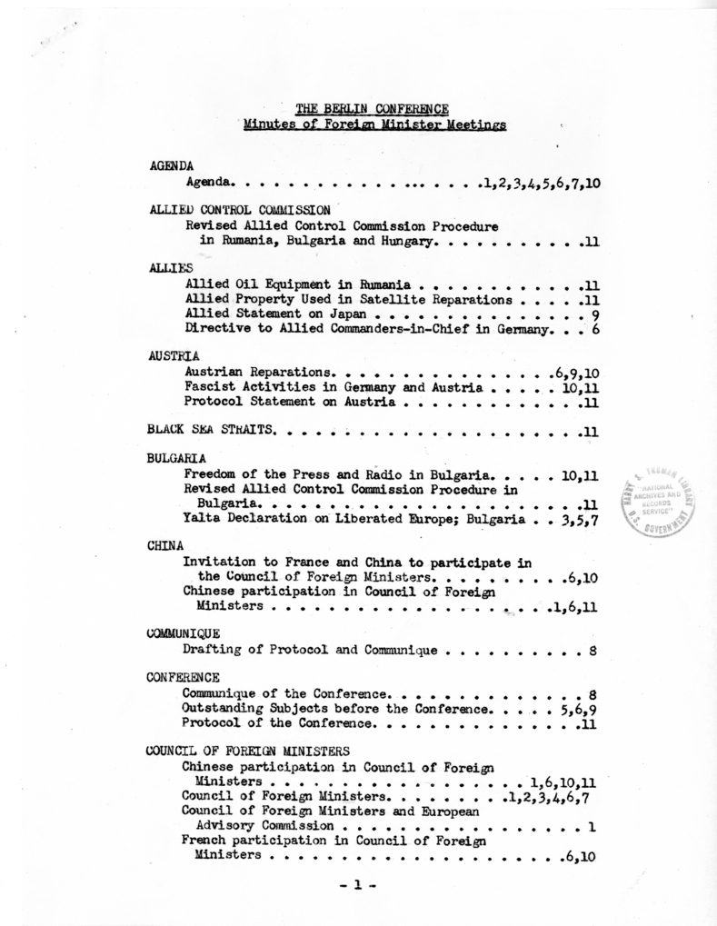 Index to the Minutes of the Meetings of the Foreign Ministers