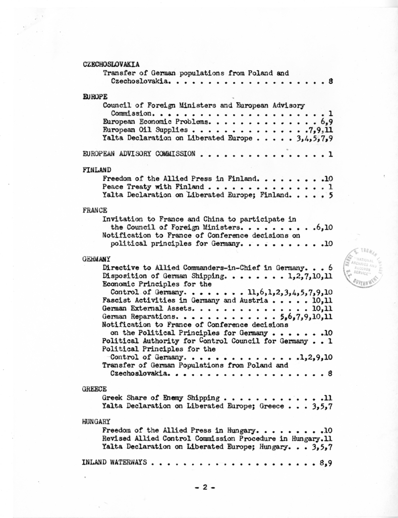 Index to the Minutes of the Meetings of the Foreign Ministers