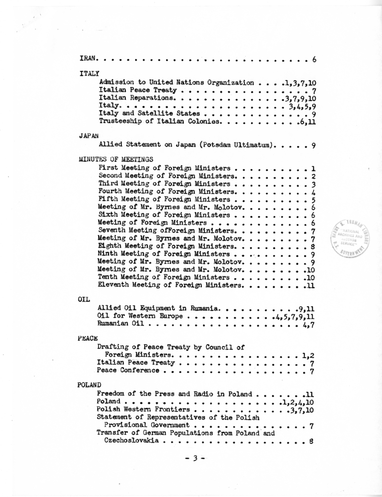 Index to the Minutes of the Meetings of the Foreign Ministers