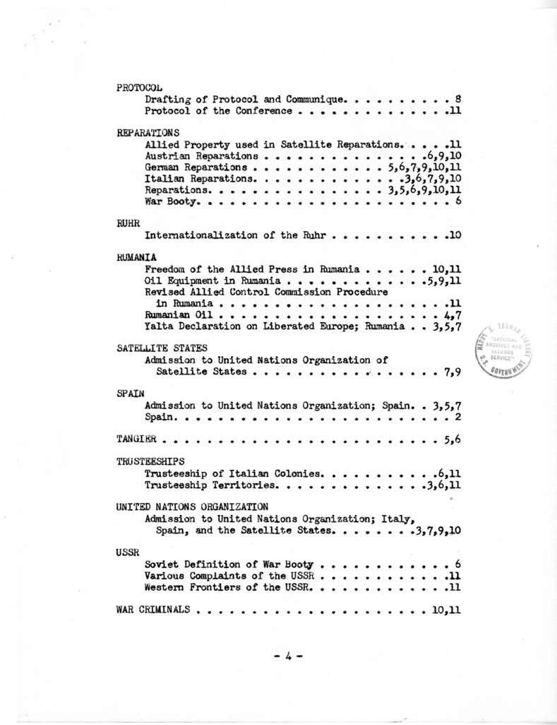 Index to the Minutes of the Meetings of the Foreign Ministers