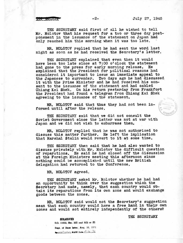 Minutes of the Meeting of American and Soviet Foreign Ministers