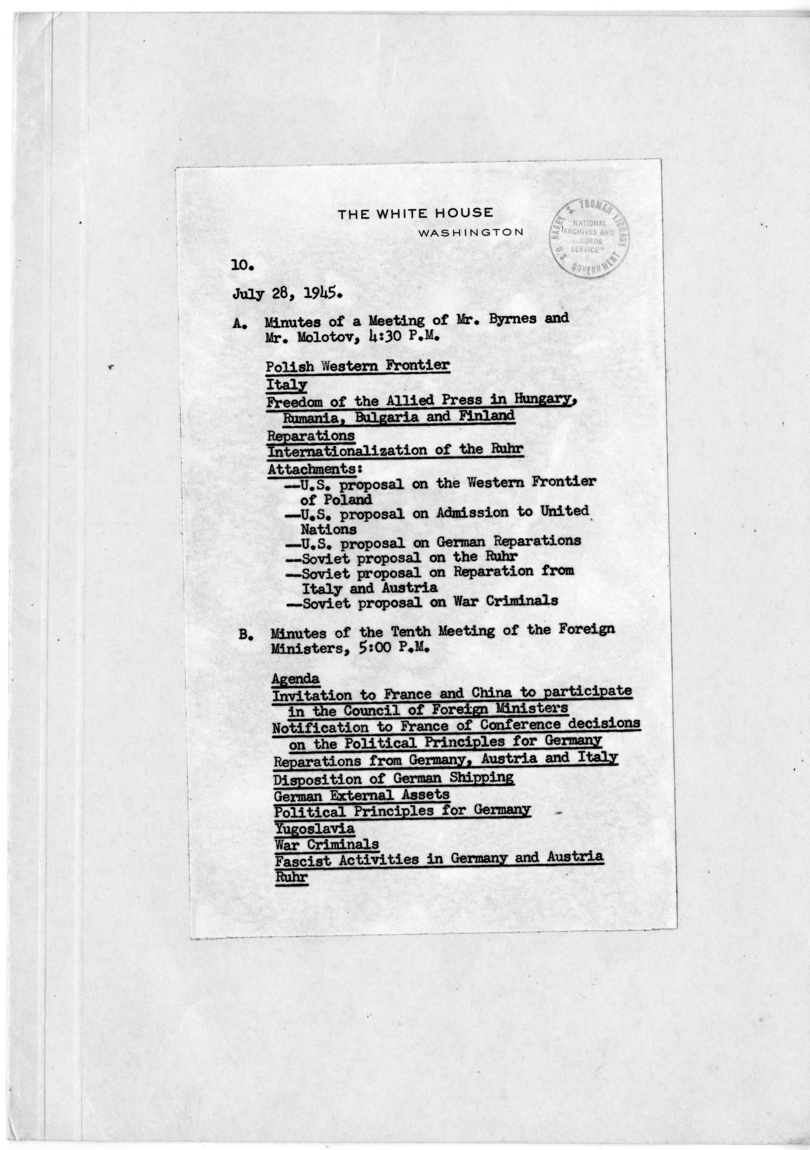 File Unit List - Minutes of a Meeting of Mr. Byrnes and Mr. Molotov and Minutes of the Tenth Meeting of Foreign Ministers