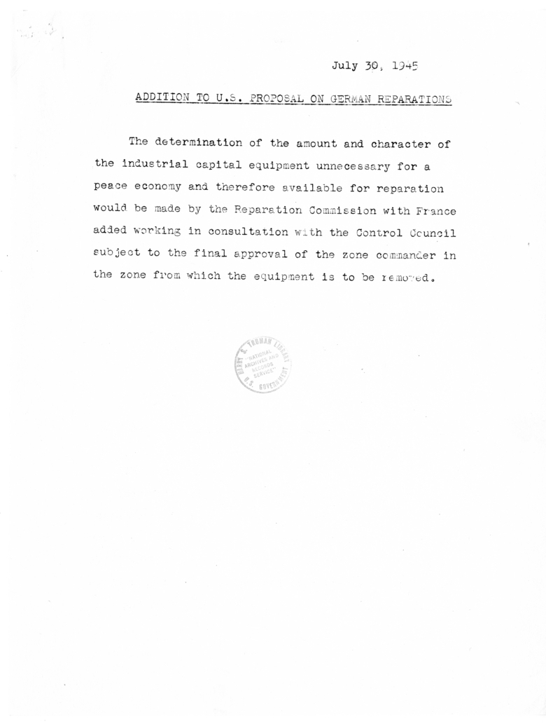 United States Proposal on German Reparations and Soviet Proposals on the Ruhr Industrial District, Reparations from Italy and Austria, and the Trial of Principal War Criminals