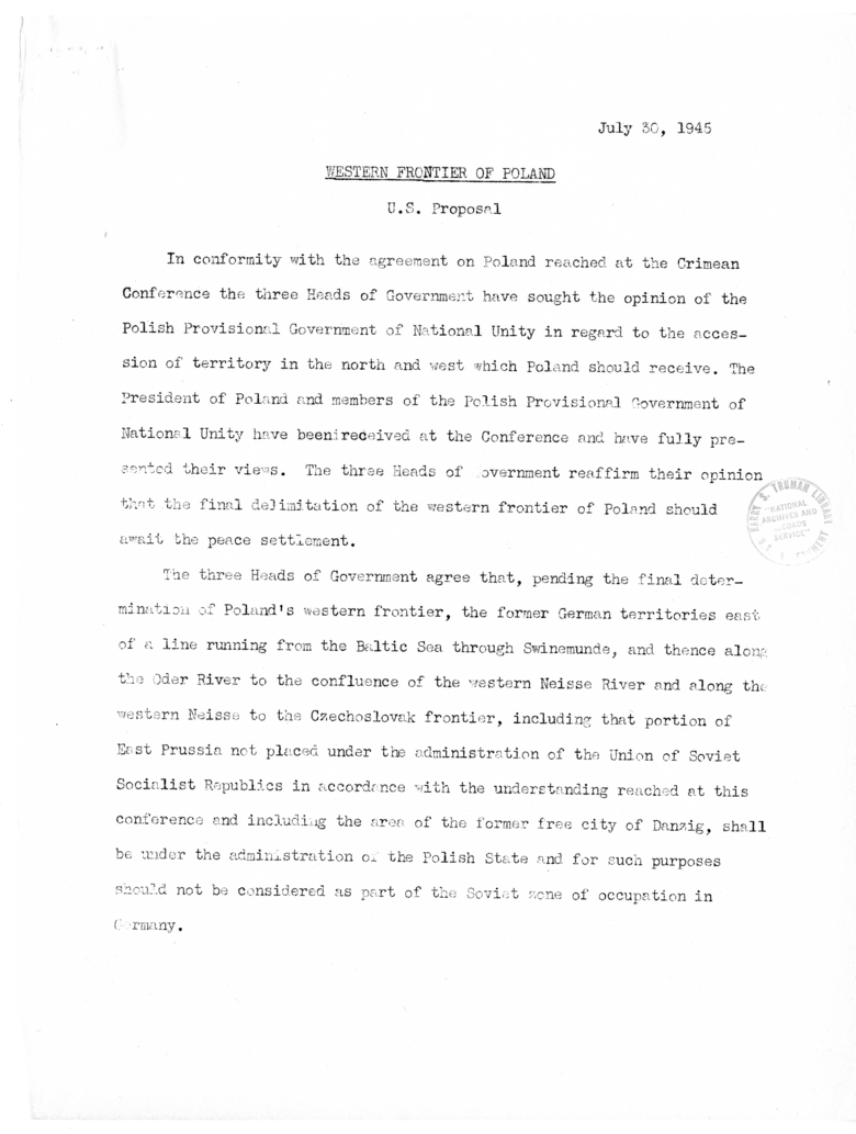 United States Proposal Concerning the Western Frontier of Poland and Admission to the United Nations