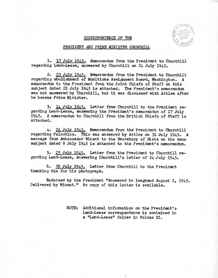 Index of Correspondence of the President and Prime Minister Churchill