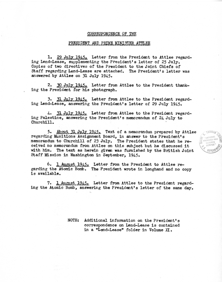 Index of Correspondence of the President and Prime Minister Attlee