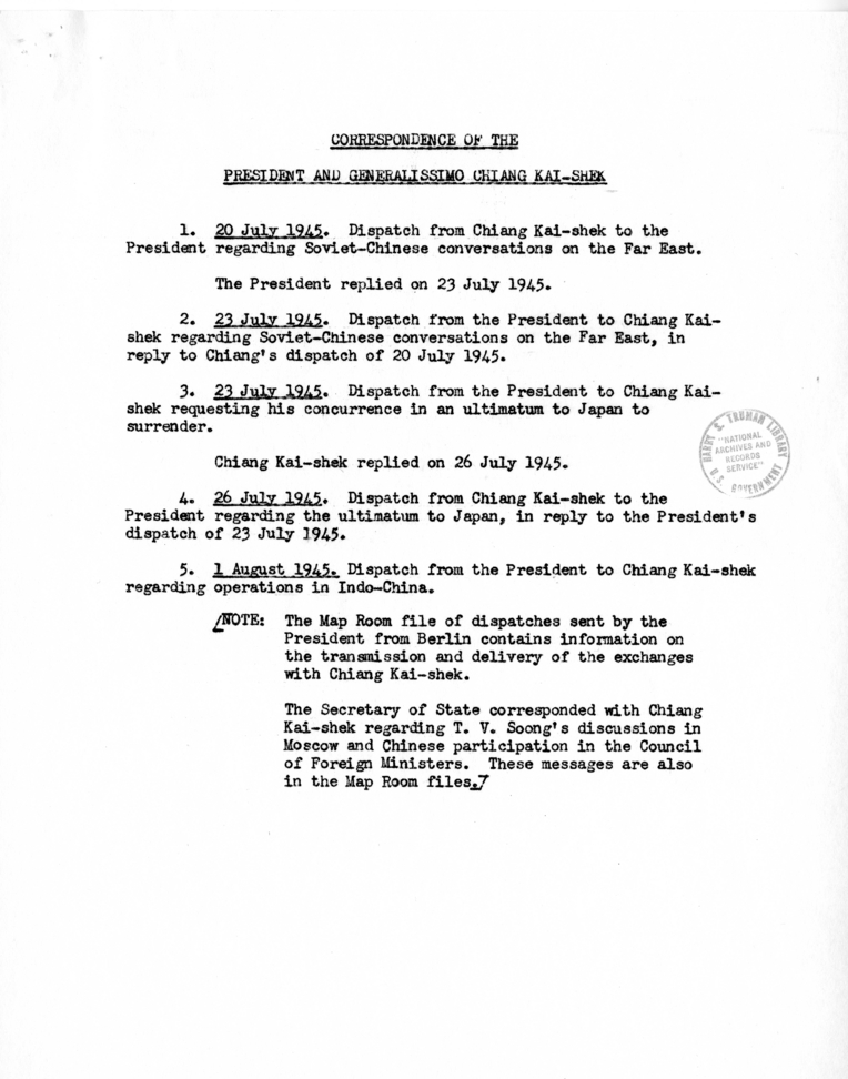 Index of the Correspondence of the President and Generalissimo Chiang Kai-Shek and the President and the President of Poland