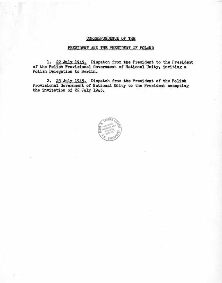 Index of the Correspondence of the President and Generalissimo Chiang Kai-Shek and the President and the President of Poland