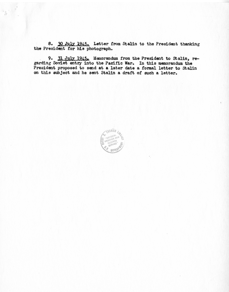 Index of the Correspondence of the President and Generalissimo J. V. Stalin