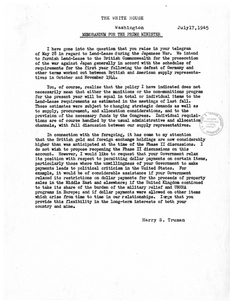 Memorandum from President Harry S. Truman to Prime Minister Winston Churchill