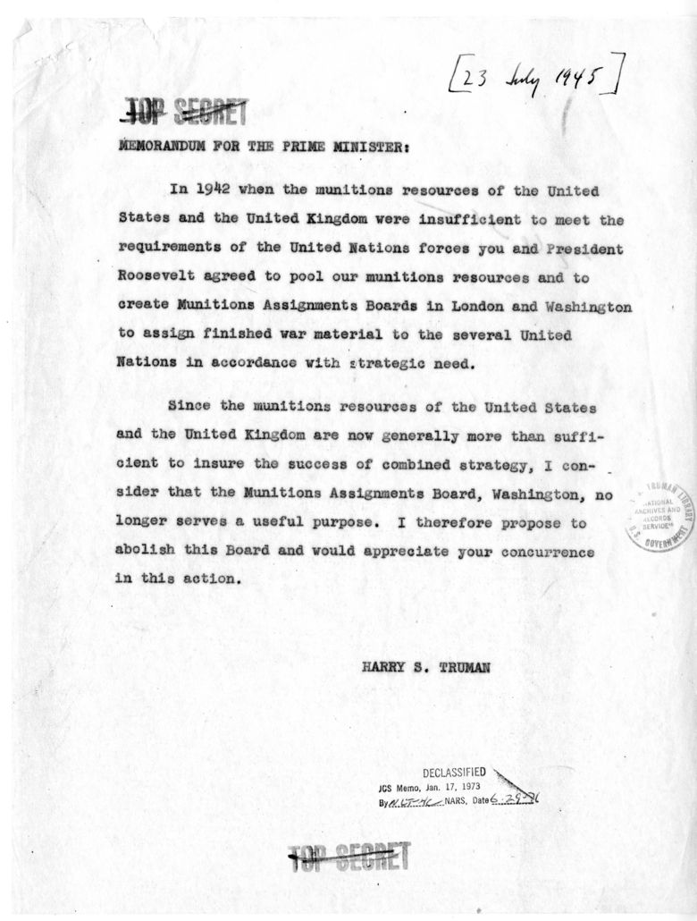 Memorandum from President Harry S. Truman to Prime Minister Winston Churchill