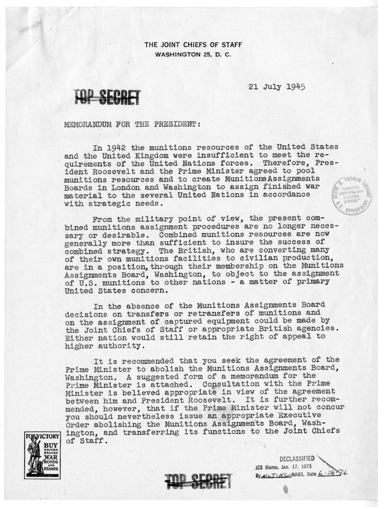 Memorandum from Admiral William Leahy and the Joint Chiefs of Staff to President Harry S. Truman