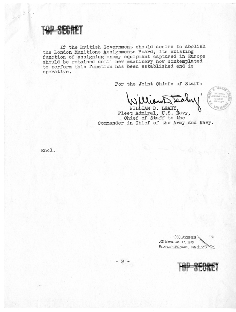 Memorandum from Admiral William Leahy and the Joint Chiefs of Staff to President Harry S. Truman