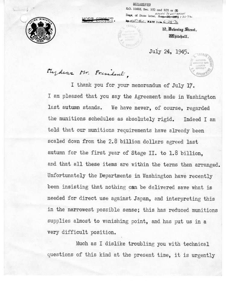 Memorandum from Prime Minister Winston Churchill to President Harry S. Truman with Attachment