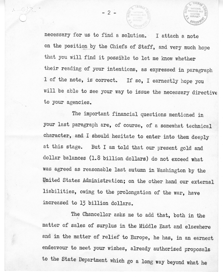Memorandum from Prime Minister Winston Churchill to President Harry S. Truman with Attachment