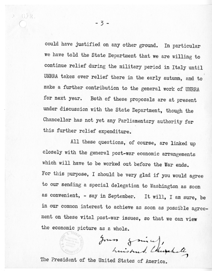 Memorandum from Prime Minister Winston Churchill to President Harry S. Truman with Attachment