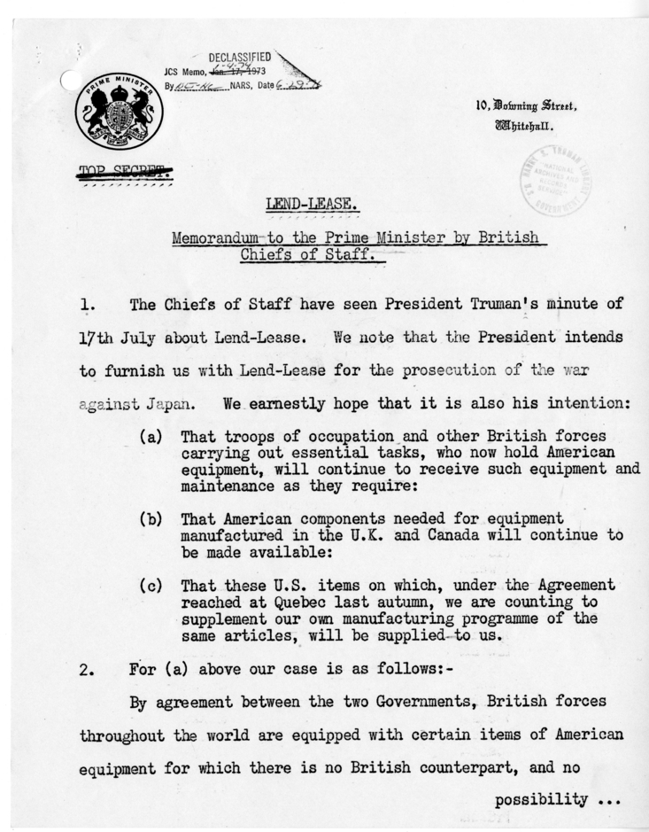 Memorandum from Prime Minister Winston Churchill to President Harry S. Truman with Attachment