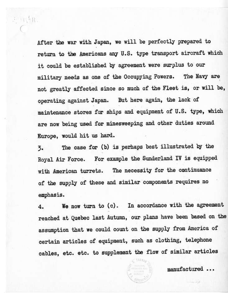 Memorandum from Prime Minister Winston Churchill to President Harry S. Truman with Attachment