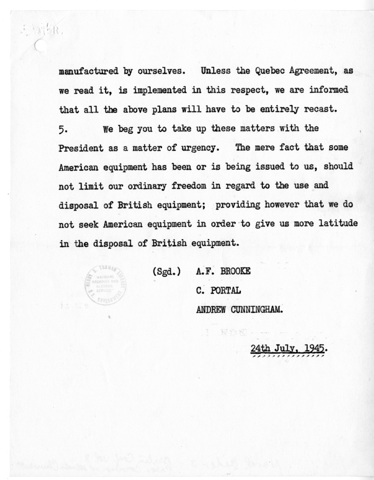 Memorandum from Prime Minister Winston Churchill to President Harry S. Truman with Attachment