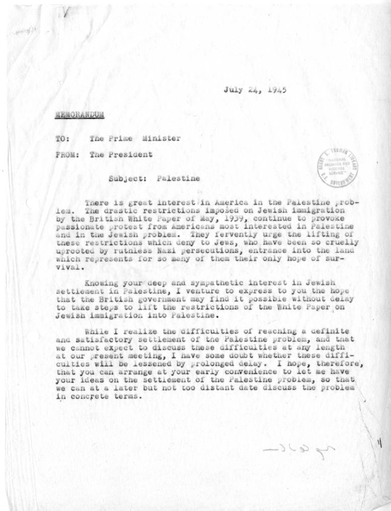 Memorandum from President Harry S. Truman to Prime Minister Winston Churchill with Attached Telegram from Acting Secretary of State Joseph Grew to Secretary of State James Byrnes