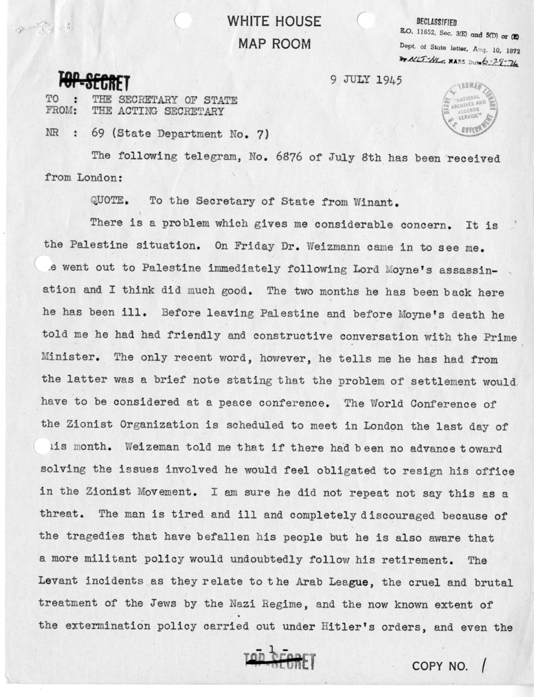 Memorandum from President Harry S. Truman to Prime Minister Winston Churchill with Attached Telegram from Acting Secretary of State Joseph Grew to Secretary of State James Byrnes