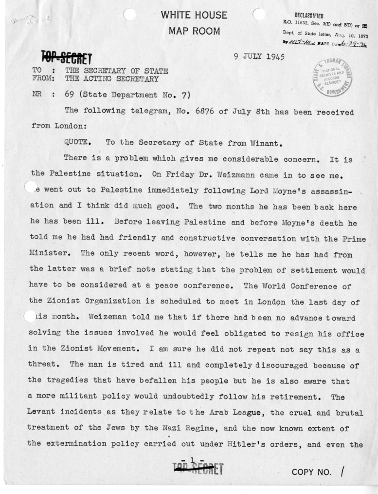 Memorandum from President Harry S. Truman to Prime Minister Winston Churchill with Attached Telegram from Acting Secretary of State Joseph Grew to Secretary of State James Byrnes