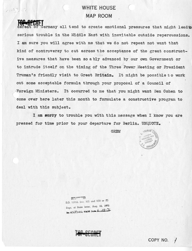Memorandum from President Harry S. Truman to Prime Minister Winston Churchill with Attached Telegram from Acting Secretary of State Joseph Grew to Secretary of State James Byrnes