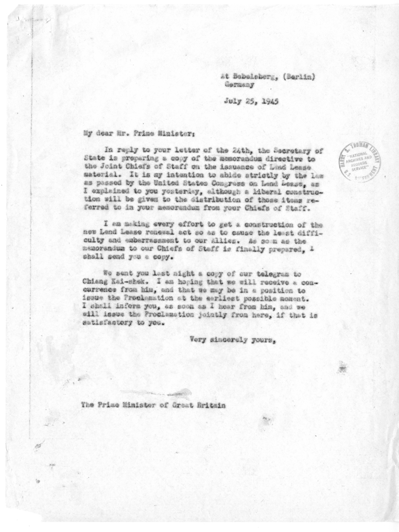 Memorandum from President Harry S. Truman to Prime Minister Winston Churchill