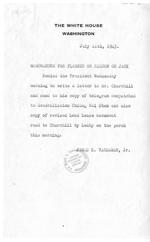 Memorandum from President Harry S. Truman to Prime Minister Winston Churchill