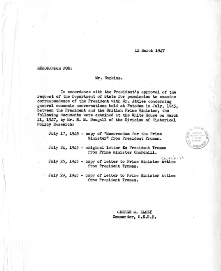 Memorandum from Commander George M. Elsey to William Hopkins