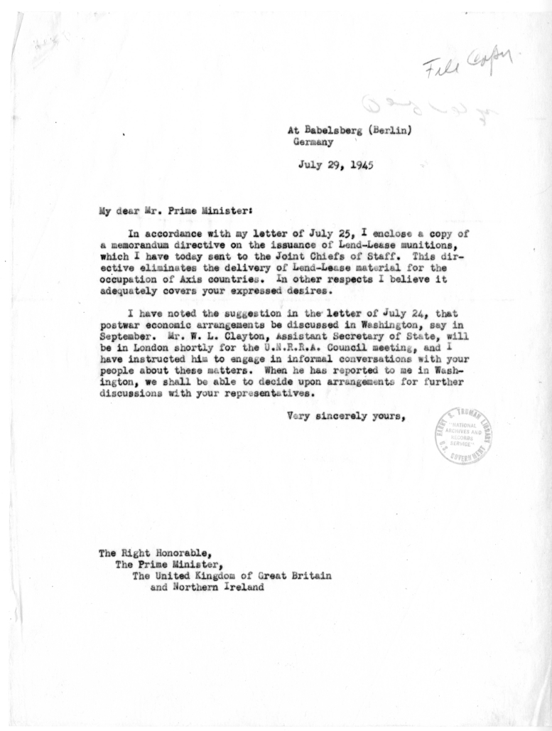 Memorandum from President Harry S. Truman to Prime Minister Clement Attlee