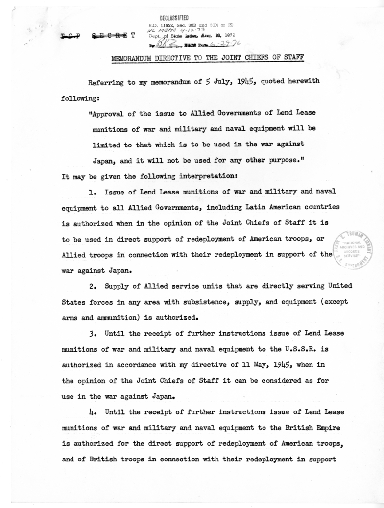 Memorandum from President Harry S. Truman to Prime Minister Clement Attlee