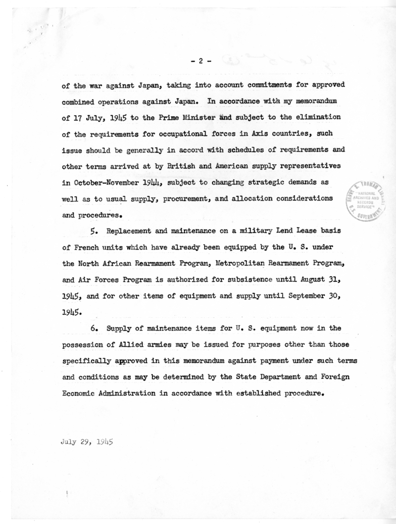 Memorandum from President Harry S. Truman to Prime Minister Clement Attlee