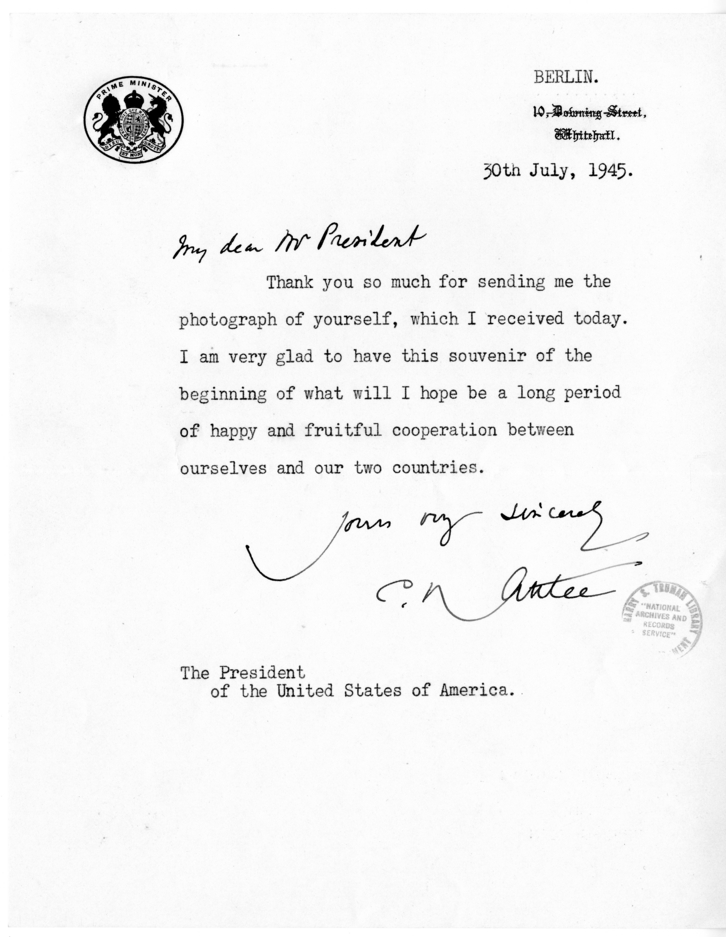 Letter from Prime Minister Clement Attlee to President Harry S. Truman