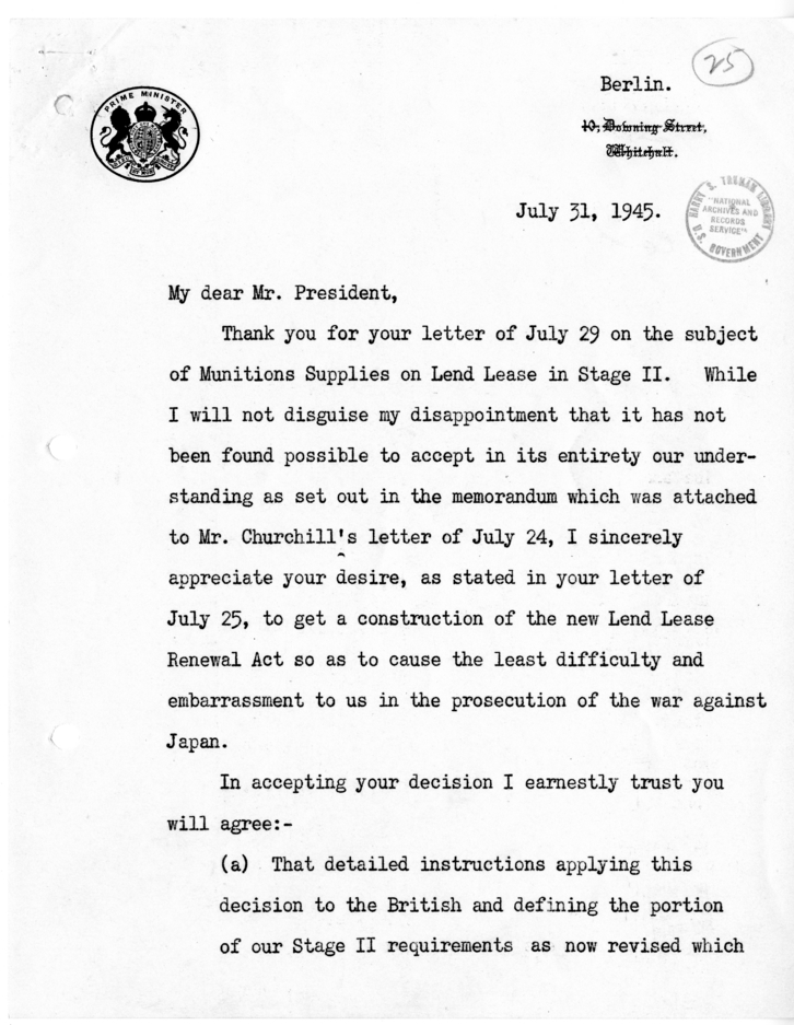 Memorandum from Prime Minister Clemet Attlee to President Harry S. Truman with Attachment