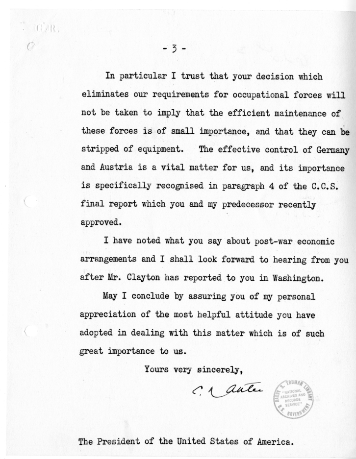 Memorandum from Prime Minister Clemet Attlee to President Harry S. Truman with Attachment