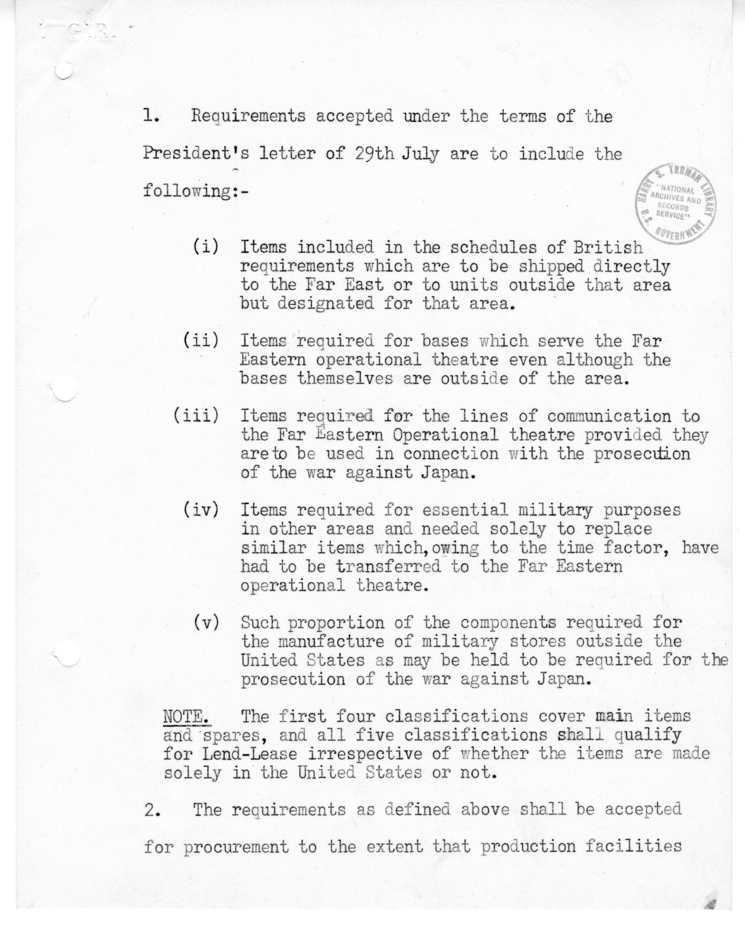 Memorandum from Prime Minister Clemet Attlee to President Harry S. Truman with Attachment