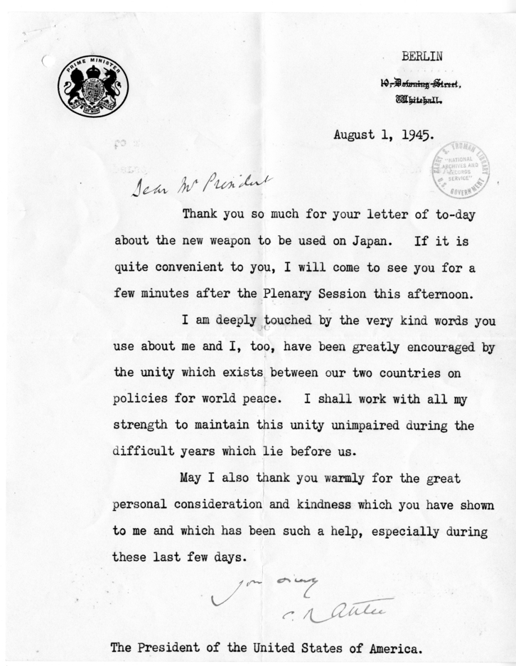 Letter from Prime Minister Clement Attlee to President Harry S. Truman