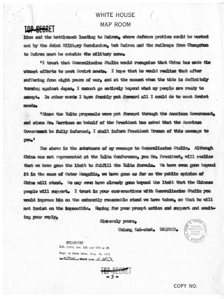 Telegram from Ambassador Patrick Hurley to President Harry S. Truman