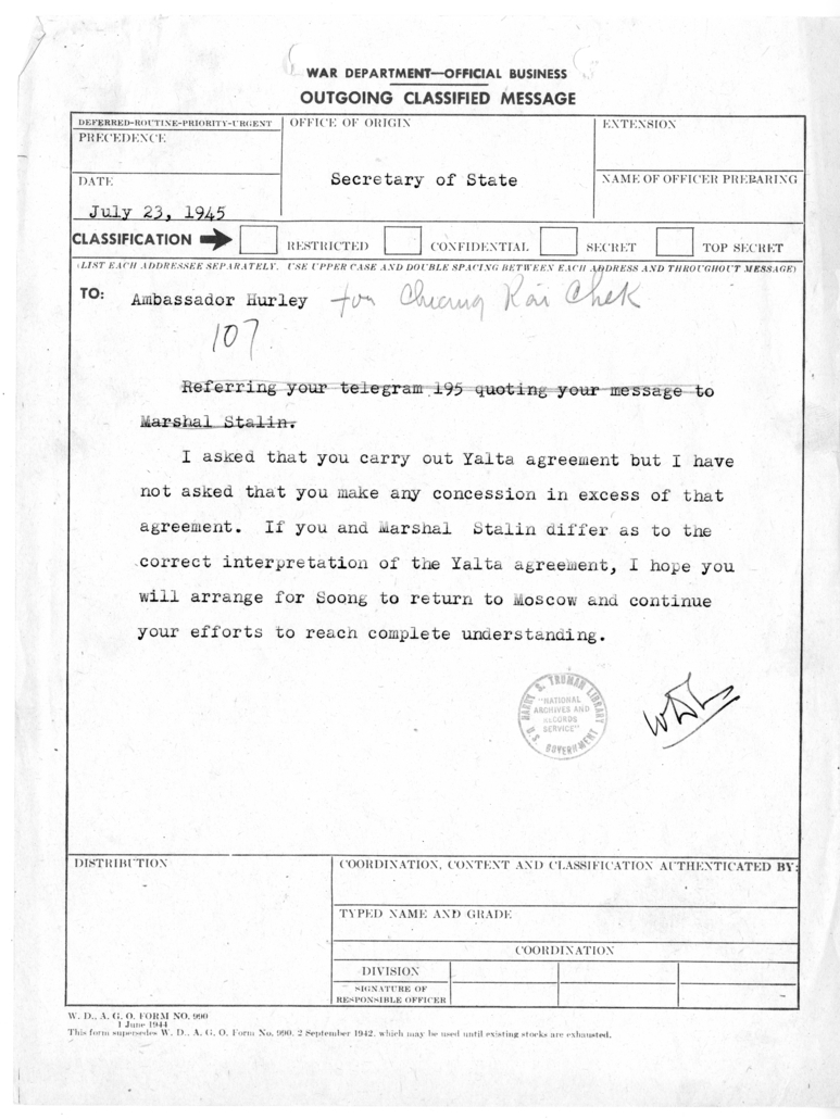 Memorandum from Secretary of State James Byrnes to Chaing Kai-shek through Ambassador Patrick Hurley