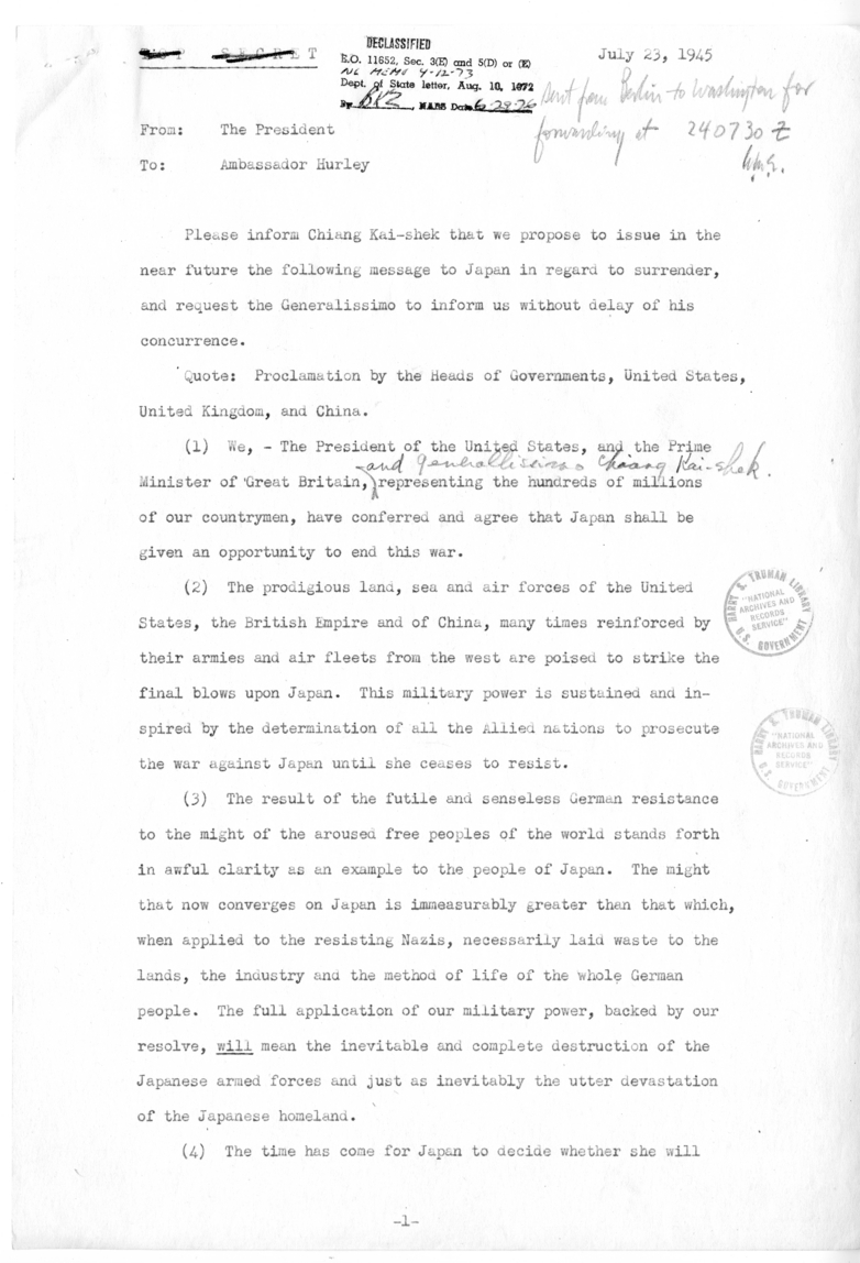 Draft of the Potsdam Declaration from President Harry S. Truman to Ambassador Patrick J. Hurley for Generalissimo Chiang Kai-shek