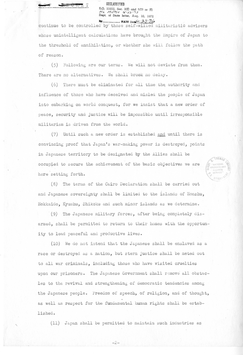 Draft of the Potsdam Declaration from President Harry S. Truman to Ambassador Patrick J. Hurley for Generalissimo Chiang Kai-shek