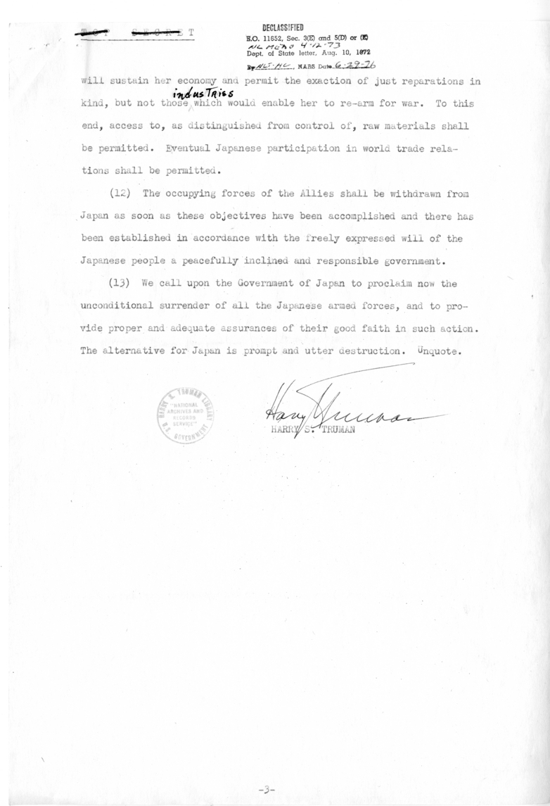 Draft of the Potsdam Declaration from President Harry S. Truman to Ambassador Patrick J. Hurley for Generalissimo Chiang Kai-shek